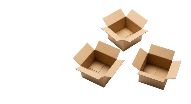 Three open empty brown cardboard shipping boxes on a transparent background with soft shadows in a high-angle studio shot. Concept of logistics and shipping