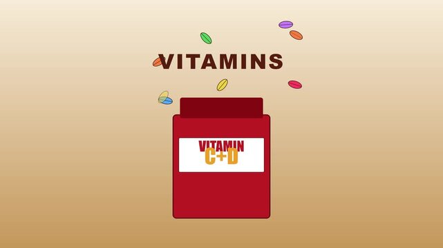 Vitamin c and d supplement bottle animation with colorful pills falling for health and wellness concepts 4k