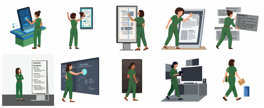 Set of vector illustrations featuring a woman interacting with digital interfaces, managing research data, and bibliography on modern touchscreens.