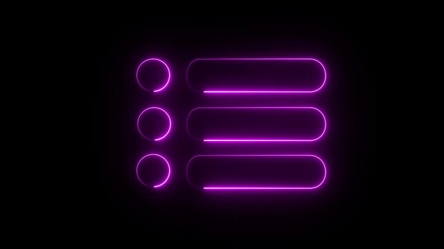 A stock video of a glowing neon animated menu icon. It features three circles aligned vertically next to three rectangular lines, forming a list or menu symbol.