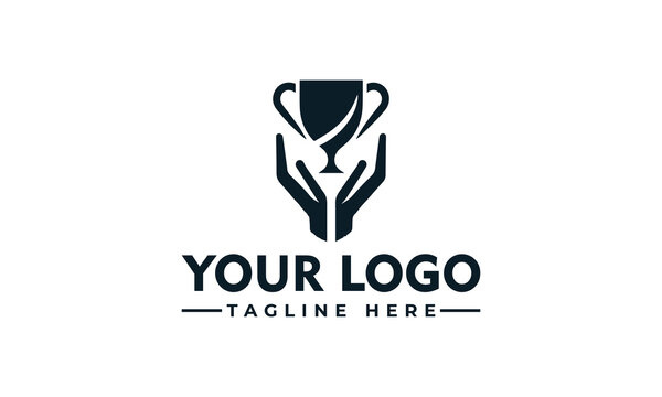 Trophy hands holding cup for victory award achievement and business championship logo concept