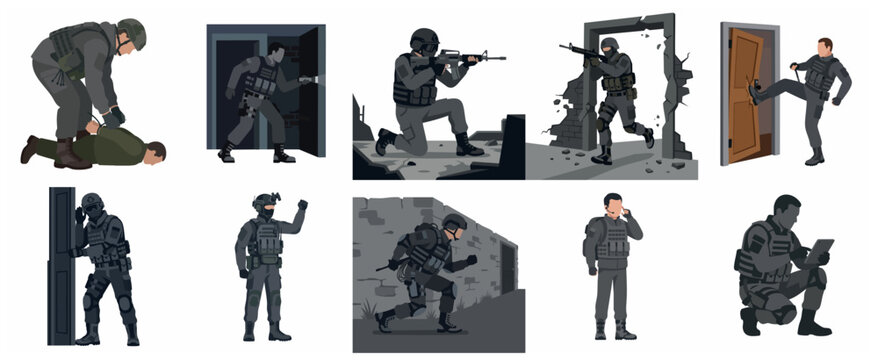 Set of SWAT and Special Forces Operators in Tactical Missions, Law Enforcement and Military Combat Vector Illustration