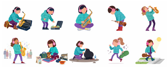 Fototapeta premium Girl Street Musician Character Set Playing Saxophone and Violin, Busking and Traveling Vector Illustrations