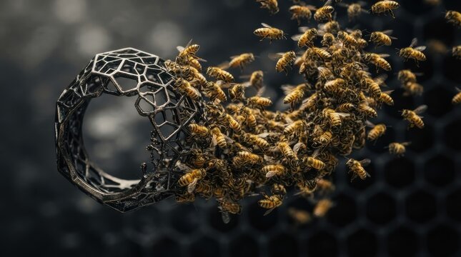 Honey bees swarming around a metallic geometric ring structure