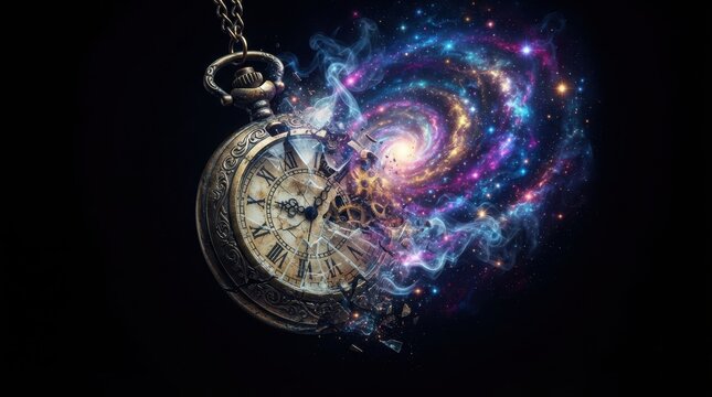 Vintage pocket watch disintegrating into a nebula galaxy