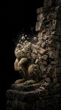 Crumbling stone gargoyle statue against a dark stone wall