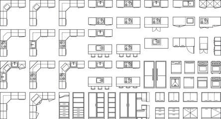 Obraz premium Kitchen floor plan vector CAD block symbols for interior design and architectural planning