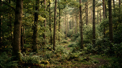 Fototapeta premium Sunlight filtering through a dense forest. Scenic woodland path in a lush green park.