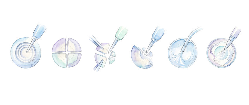 Cataract surgery medical illustration steps showing phacoemulsification and intraocular lens IOL implantation procedure sequence in watercolor style isolated on white background for ophthalmology.
