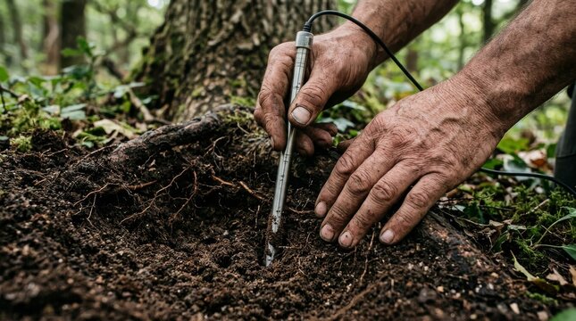 A scientist measures soil quality and temperature in a dense forest environment.