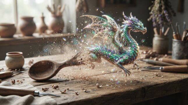 Magical crystal dragon emerging from a wooden spoon in a craft workshop