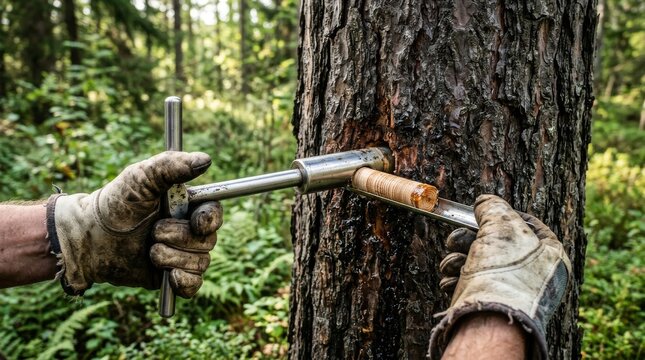 Forester using an increment borer to extract a tree core sample.