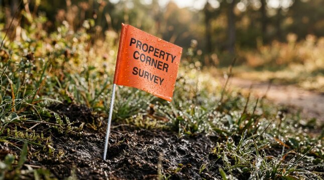 Orange Property Corner Survey Marker Flag in Grassy Field.