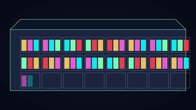 Abstract data loading animation with colorful progress bars and digital grid interface 4k