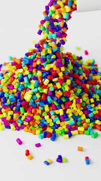 White polypropylene plastic granules pouring from a cup onto a resin pellet pile on white background, 3D render dynamic Vertical video.
