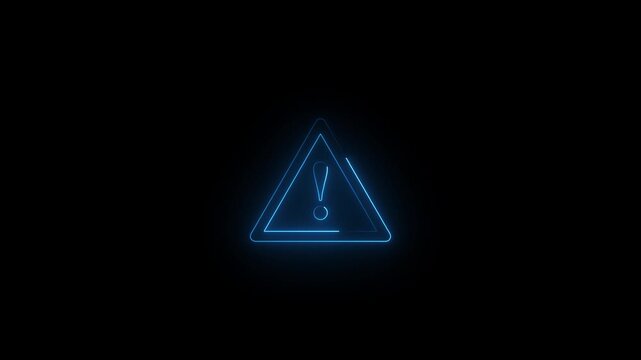 Neon blue triangle caution sign with exclamation mark icon on transparent background 4k