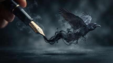Obraz premium Fountain pen writing a smoke raven