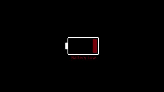 Red low battery status alert indicator icon on black background 4k video with 25fps
