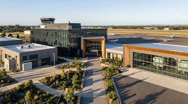 Aerial view of a modern airport complex, featuring contemporary buildings, an air traffic control tower, and aircraft, representing advanced global aviation infrastructure