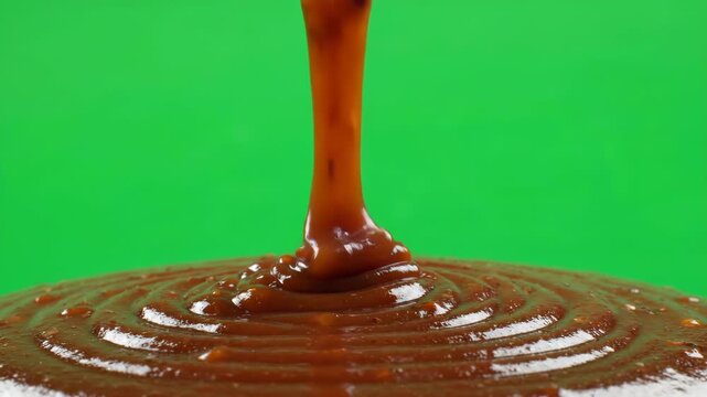 Liquid Caramel Drizzle: A rich, thick stream of golden caramel sauce elegantly cascades onto a swirling pool of confection, creating a decadent and inviting visual.