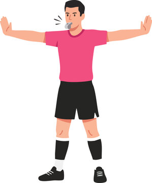 Referee Signaling a Foul with Outstretched Arms and Blowing a Whistle in a Flat Vector Style
