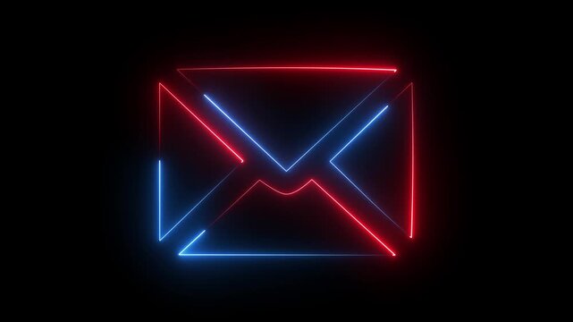 Glowing red and blue neon envelope icon outline for email and message concept on black background.