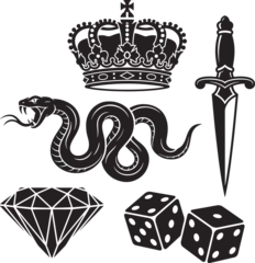 Set of tattoo style icons. Black silhouettes of crown, snake, dagger, diamond and dice. © Zakir