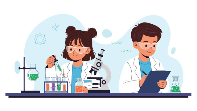 Young boy and girl in white lab coats and protective glasses perform experiments with chemicals and a microscope in a science laboratory.