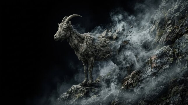 Stone mountain goat sculpture dissolving into mist