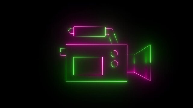 Glowing neon video-camera icon isolated on black background. HD Video motion graphic animation. Glowing neon line video camera icon animation.4k motion video.