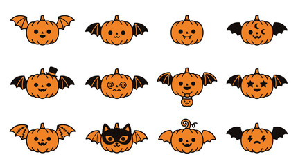 Obraz premium Winged pumpkin and cat icons for Halloween.