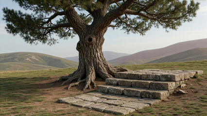Obraz premium Large Pine Tree with Old Stone Steps on Grassy Hillside