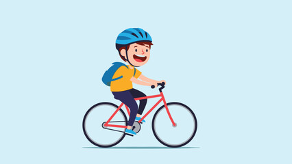 Fototapeta premium Energetic schoolboy wearing a safety helmet and carrying a backpack while riding his red bicycle on a blue background.