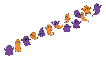 Fototapeta premium Set of cute cartoon ghosts in orange and purple colors for a fun halloween vector design project