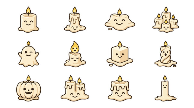 Adorable halloween candle and ghost cartoon character set.