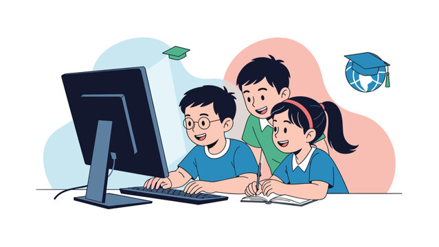 Group of three school kids looking at a computer screen while studying and writing down notes in a classroom.