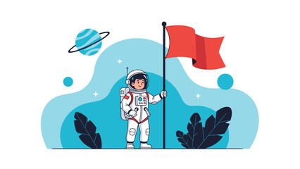 Naklejka premium Brave little cartoon astronaut standing in a spacesuit on an alien planet while holding a red flag, exploring space.