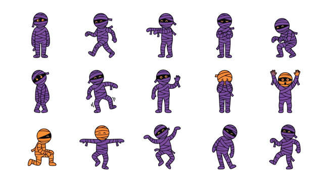 Set of cute cartoon mummy characters in various poses for a fun halloween vector design project collection