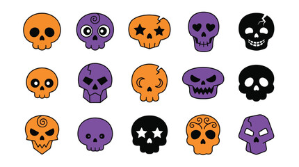 Fototapeta premium Set of colorful cartoon skulls for halloween vector design elements isolated on a plain white background