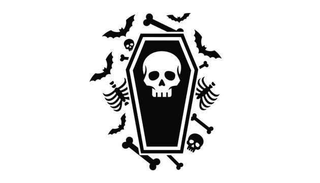 Gothic Halloween illustration with a spooky skull inside a coffin surrounded by flying bats, rib cages, and bones.