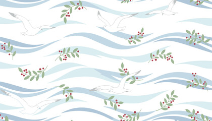 Obraz premium Beautiful seamless pattern featuring flying seagulls and leafy branches with red berries on light blue waves.