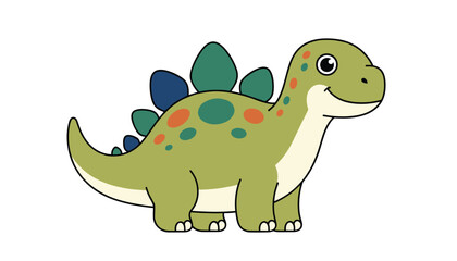 Fototapeta premium Cute cartoon stegosaurus dinosaur with colorful spots and spikes stands smiling on a clean white background.