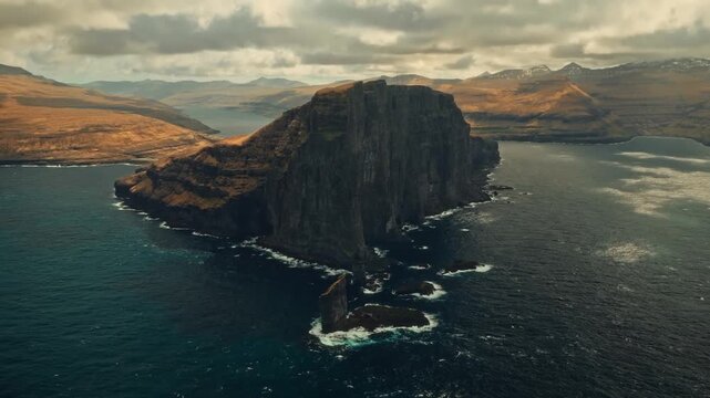 Aerial View of Massive Coastal Cliff and Sea Stacks in Faroe Islands