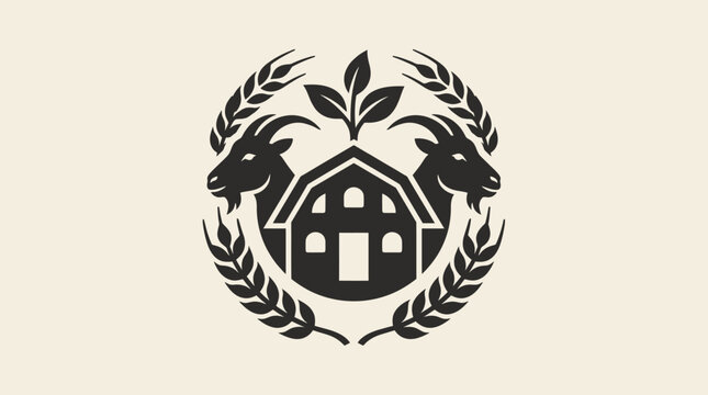 Black circular goat farm emblem with barn house.