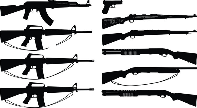 Collection of weapon silhouettes featuring military assault rifles, hunting shotguns, and a handgun isolated on white