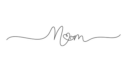 Obraz premium Minimalist continuous line art design of the word Mom with a small heart in the center on a white background.