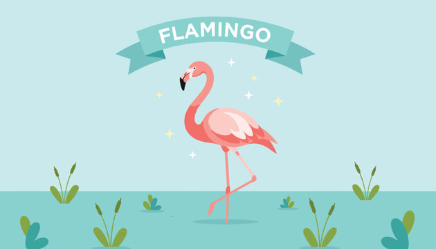 Beautiful pink flamingo standing on one leg in a pond with tropical plants under a decorative ribbon banner.
