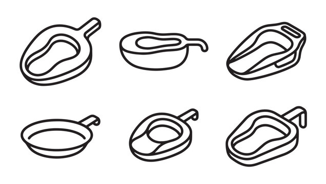 Set of medical bedpan and urinal icons with hospital healthcare sanitation equipment clinical emergency supplies assistance wellness illustration monochrome minimalist isolated collection