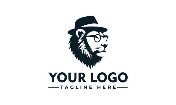 Sophisticated Lion Head Mascot Logo Wearing Fedora Hat and Glasses for Creative Branding