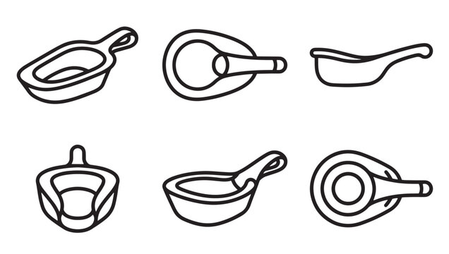 Medical bedpan equipment icons set with hospital healthcare equipment clinical sanitation emergency supplies assistance wellness illustration monochrome minimalist isolated collection